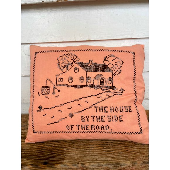 Vintage 1930s Feather Pillow Cross Stitched "the House by the Side Of the Road" - Picture 1 of 14